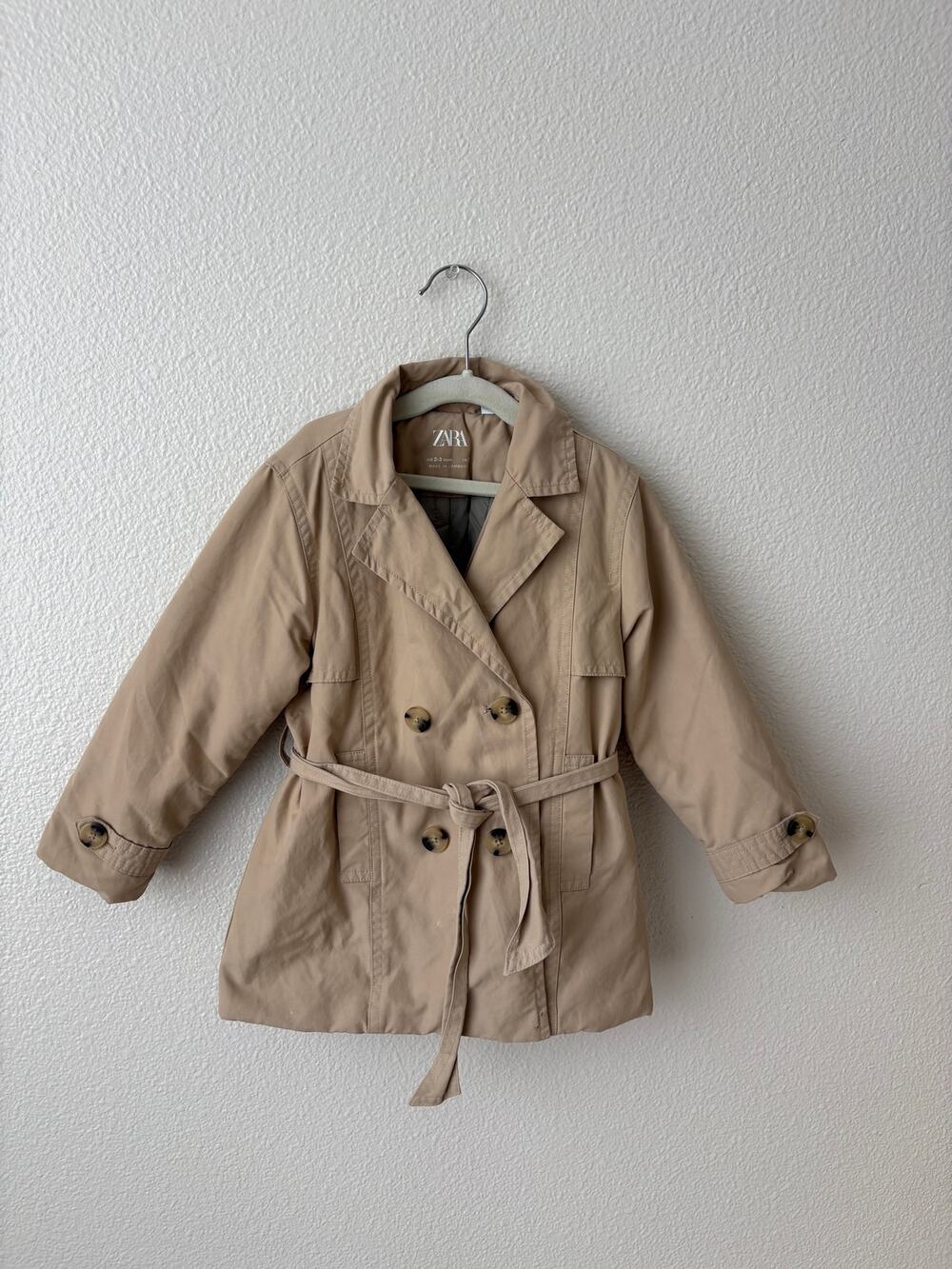 ZARA Kids 2-3Y 98cm Beige Trench Coat Quilted Lined Belted Double Breasted